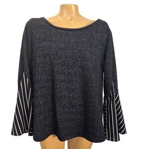 Hannah Womens Navy & White Striped Bell‎ Sleeve Boat Neck Blouse Top Size Medium